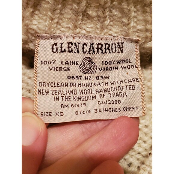 VTG Glen Carron Men XS Cable Knit Sweater Beige C-Neck 100% Wool Tonga - Picture 3 of 5